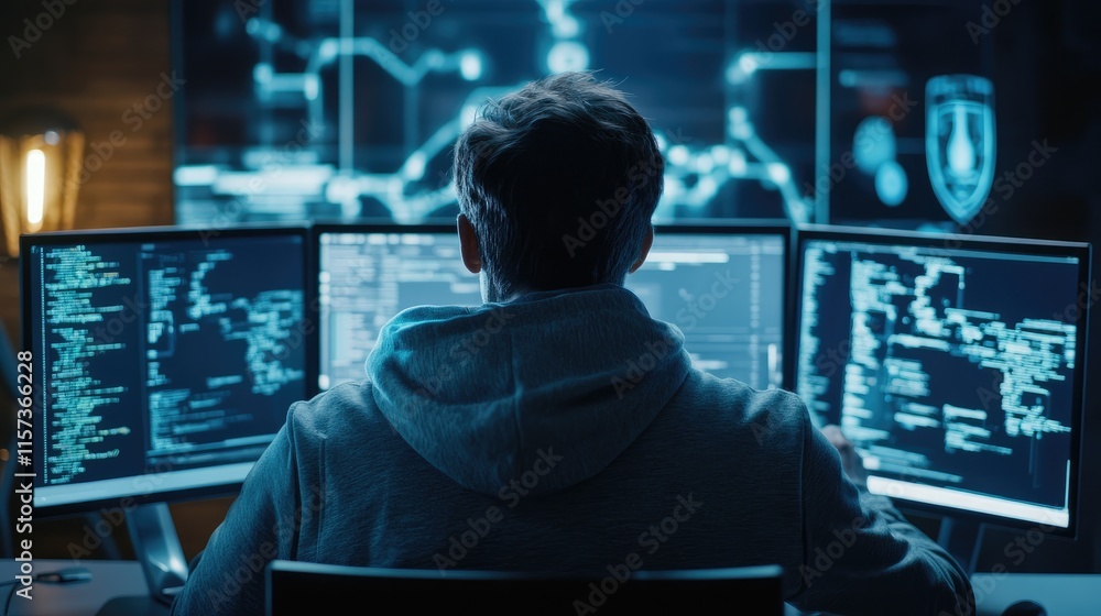 Poster cybersecurity analyst conducting data analysis on multiple monitors in dark room