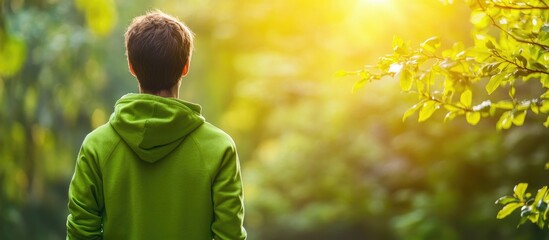 Man in green hoodie appreciating nature with sunlight filtering through trees and ample blank space for text placement