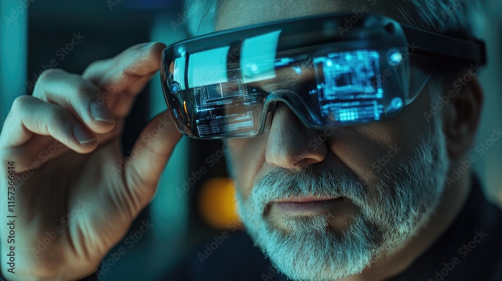 Poster man wearing smart glasses while engaging in artificial intelligence development in a modern technolo