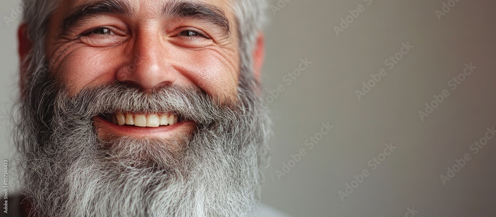 Poster smiling older man with gray beard portrait in close-up with natural light and blank space for person