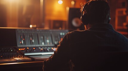 Music producer working intensely at mixing console in modern recording studio during vocal session with warm ambient lighting