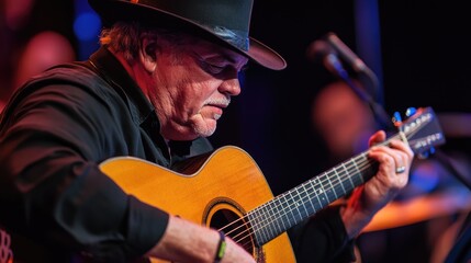 Obraz premium Intense musician passionately performing with acoustic guitar during live concert on stage in warm stage lights