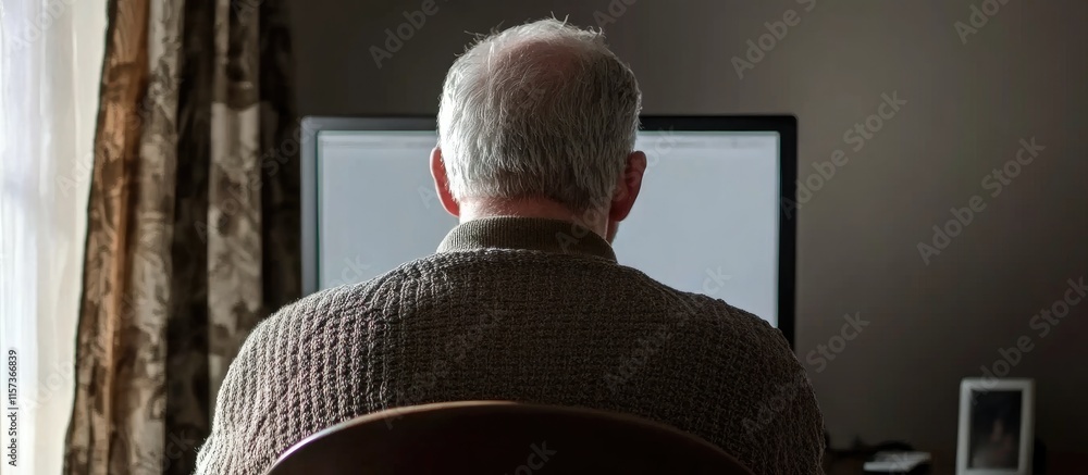 Poster mature man working on computer from behind in cozy home environment with blank space for text and vi
