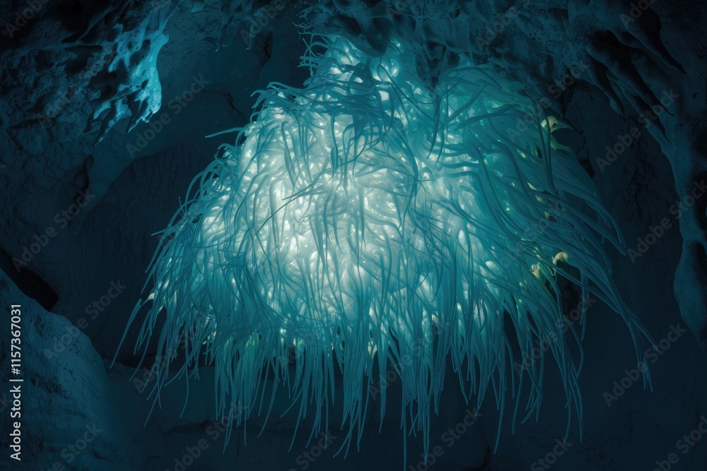 Poster glowing, ethereal ice formations hang from a cave ceiling, creating a mesmerizing underwater-like sc