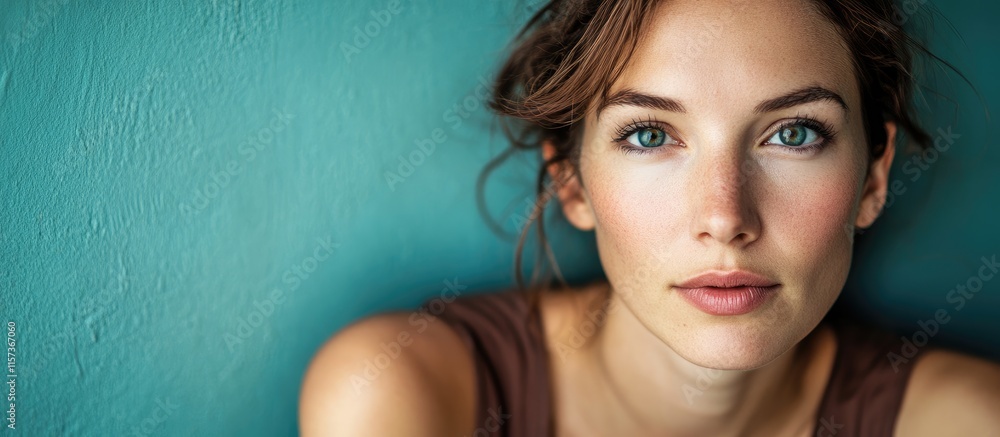 Poster pensive woman with expressive features posing against a teal background conveying authenticity and e