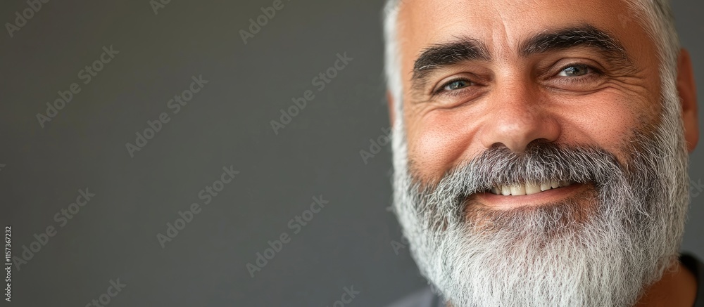 Poster smiling elderly man with gray beard and warm expression against neutral background with ample space 