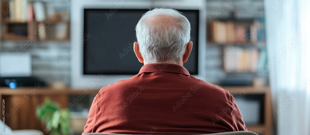 Aufkleber mature man seated at home using computer with empty space for text focused on technology and lifesty
