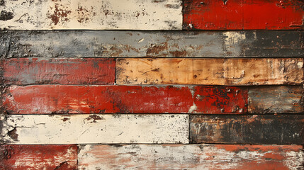Naklejka premium rustic background featuring textured wooden planks with distressed paint in red, white, gray, and brown tones, showcasing weathered and vintage aesthetic