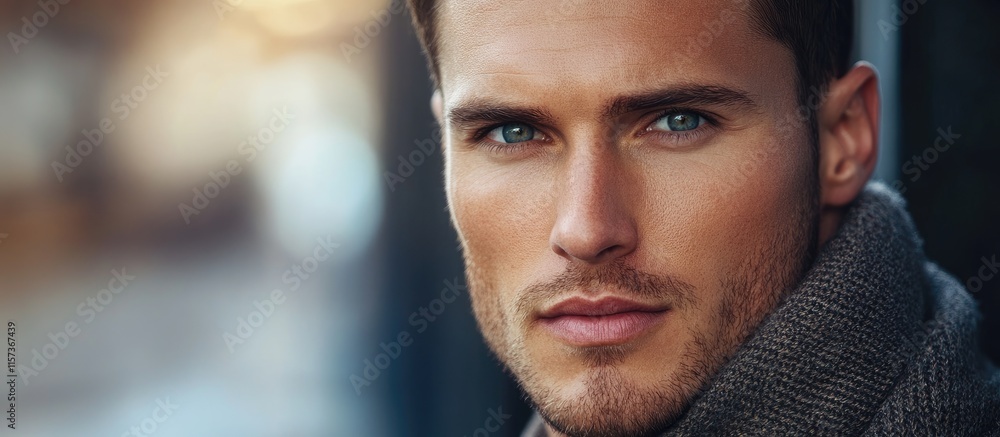 Aufkleber Male model portrait with shallow depth of field highlighting facial features and ample space for text placement in a stylish setting.