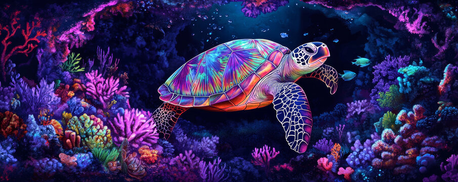 vibrant sea turtle with colorful patterned shell swims gracefully through vivid coral reef, surrounded by diverse marine life and glowing underwater scenery