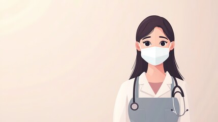A female medic wearing a medical mask and overalls. A team of specialists at the workplace. Professional. Illustration for cover, card, postcard, interior design, poster, brochure or presentation.