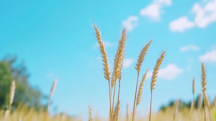 Fototapeta premium A close-up of golden wheat against a bright blue sky.