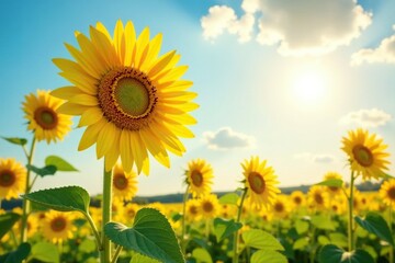 Obraz premium Sun-kissed sunflowers with long necks stretching towards the sky, summer, yellow