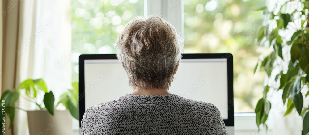 Aufkleber mature man working on computer at home with empty screen and green view from behind emphasizing digi