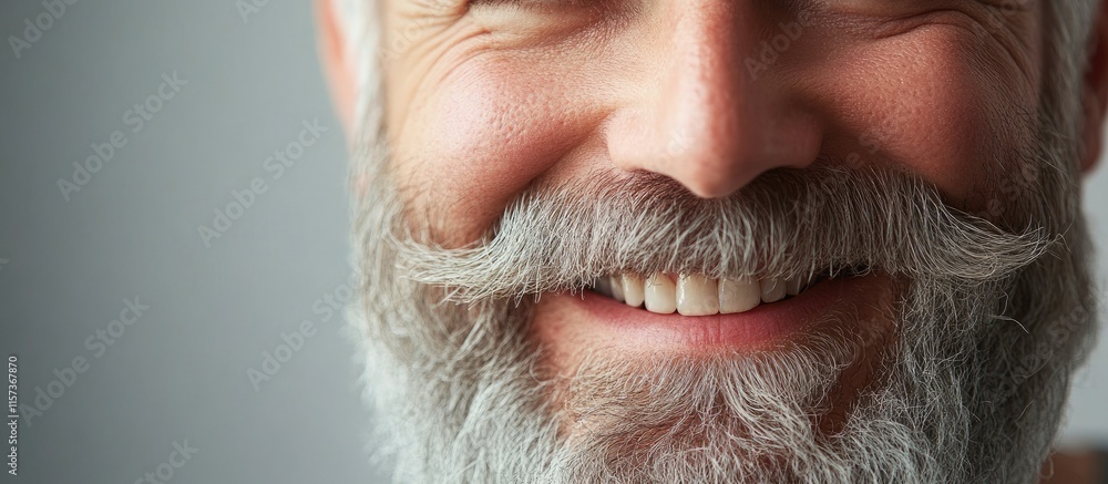 Poster smiling older man with gray beard showcasing a cheerful expression and ample empty space for persona