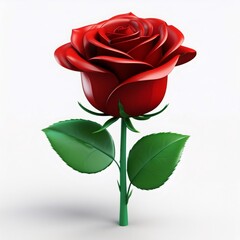 3D rendered cartoon rose glowing red, vibrant green foliage against crisp white backdrop