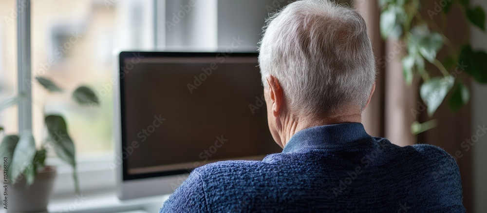 Poster mature man working on computer at home with empty screen space for text natural lighting and cozy in