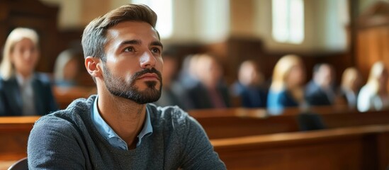 Pensive man in courtroom reflecting on legal proceedings with empty space for text and blurred audience in background