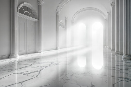 Couloir en marbre avec des colonnes menant vers la lumi&egrave;re