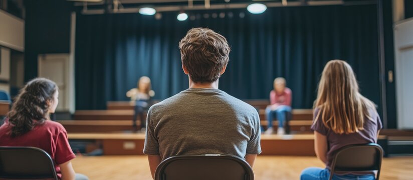 High school students practicing drama on stage with empty text space for promotional or educational use in theater arts applications
