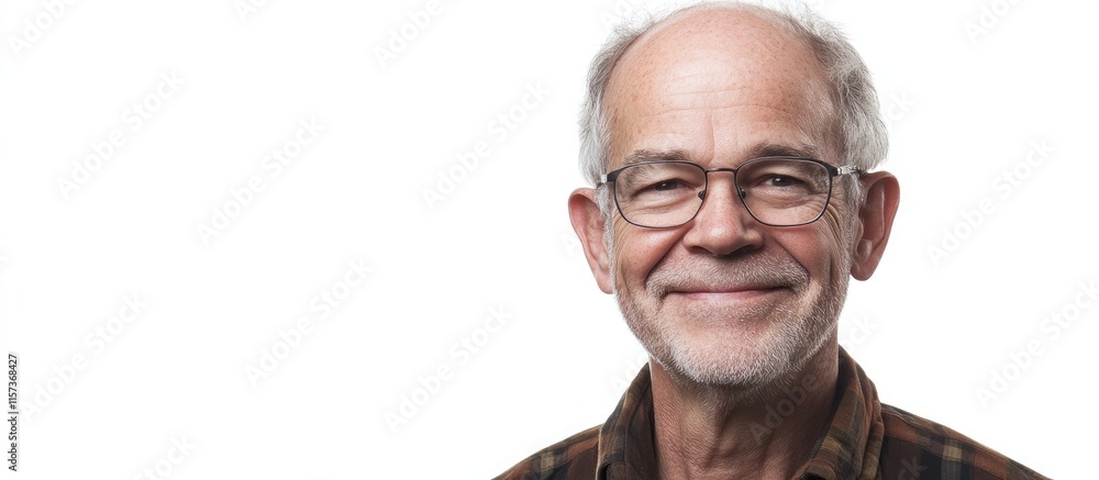 Poster smiling elderly man portrait on white background with copy space for text and advertisement use