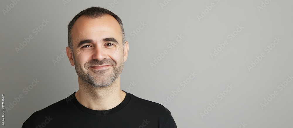 Poster joyful man smiling at camera on gray background with ample space for text and promotional content or