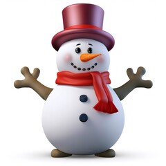 Smiling cartoon snowman with red scarf, purple top hat, waving stick arms amid winter background