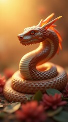 Fototapeta premium Orange dragon snake posing near red flowers at sunset