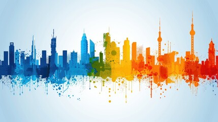 Naklejka premium Colorful cityscape skyline silhouette with paint splatter design.