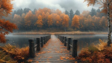 Misty autumn lake with wooden bridge leading to colorful forest.