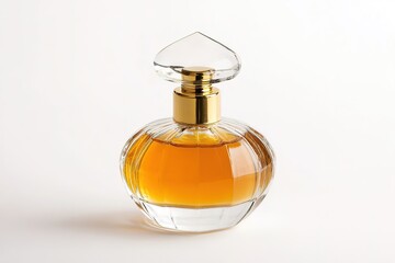 chic glass perfume bottle with golden atomizer filled with light amber liquid displayed on white background