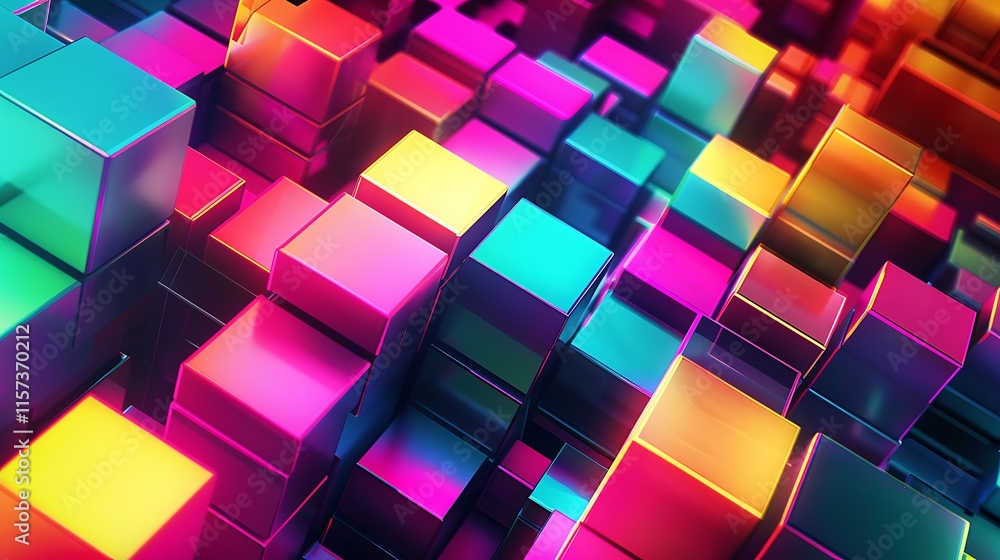 Poster abstract arrangement of colorful 3d cubes forming a vibrant and dynamic pattern. geometric and moder
