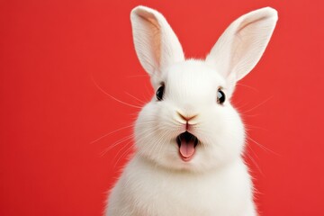 Obraz premium A cheerful white rabbit with big floppy ears captures the magical spirit of Easter, standing against a vibrant red background, representing the joy and celebration of springtime traditions