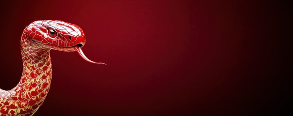 Obraz premium A vibrant, close-up image of a snake with distinctive patterns, set against a striking red background, emphasizing its tongue and texture.