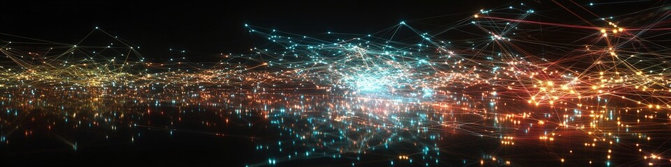 Fototapeta premium dynamic glowing map of business networks projected mid-air against reflective dark background