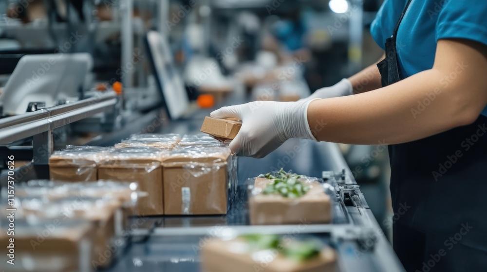 Poster closeup of ecofriendly packaging materials being used on the assembly line showcasing biodegradable 