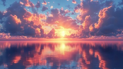 Vibrant sunset over calm ocean, reflecting colorful clouds and sky.