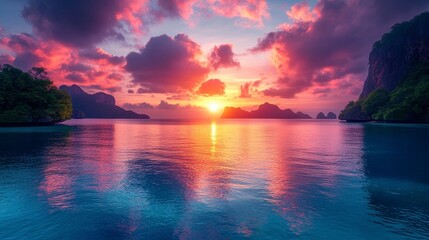 Vibrant sunset over calm ocean, reflecting colorful sky and islands.