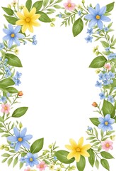 Delicate floral frame with yellow blue and pink flowers
