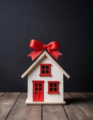 A small white house gift with a red bow