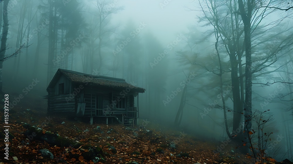 Poster rustic wooden cabin nestled in a dense, misty forest. atmospheric scene with fog-shrouded trees crea