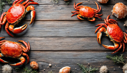  Three vibrant red crabs with orange claws are arranged diagonally on a wooden surface, surrounded by small white pebbles and green leaves.