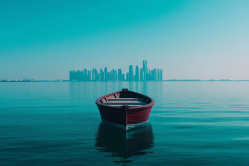 Skyline mit Palmen am türkisblauen Wasser