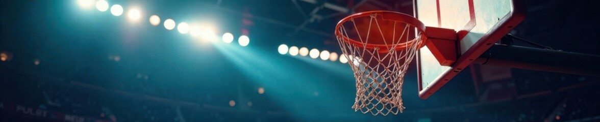 Close-up view of basketball hoop under spotlight, equipment, light