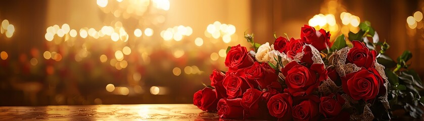 Obraz premium A beautiful arrangement of vibrant red roses, softly illuminated in a warm, romantic setting, creating an enchanting atmosphere.