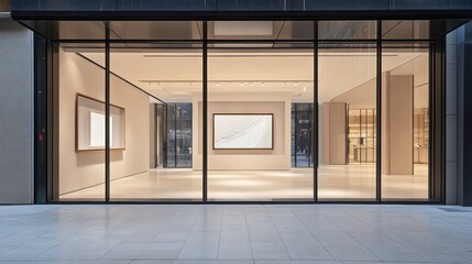 Modern art gallery storefront at night, showcasing minimalist interior design and artwork through large glass windows.