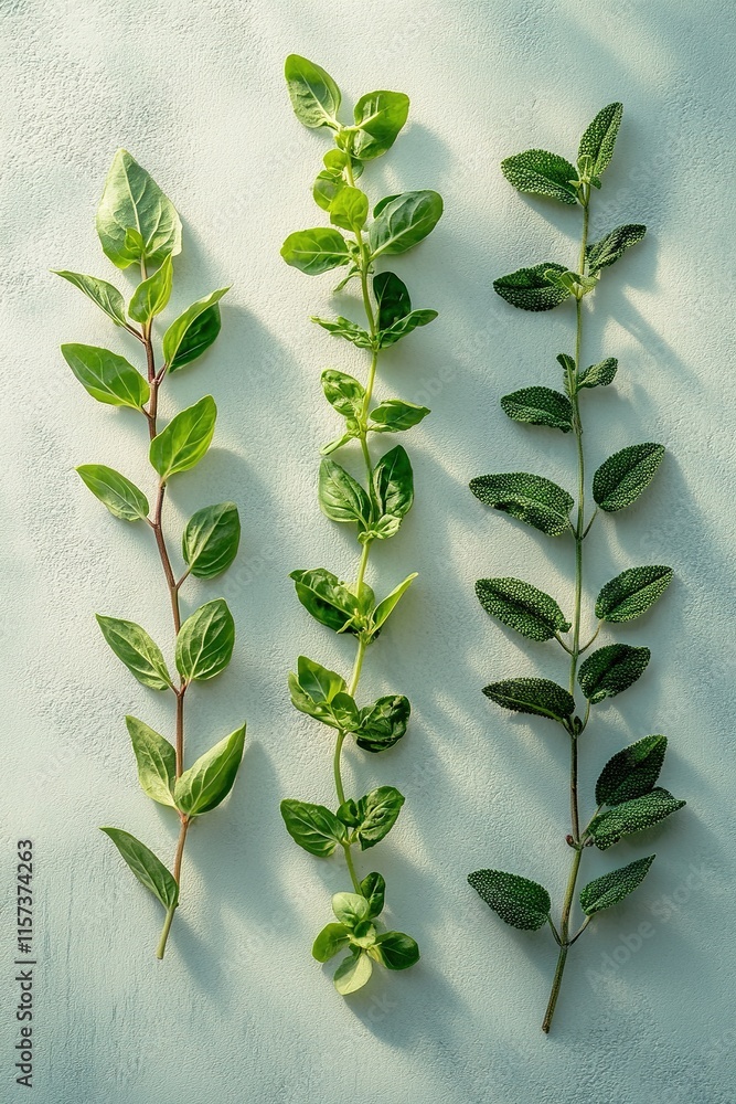 Poster clean arrangement of herbal leaves displayed in geometric pattern on smooth matte surface under soft