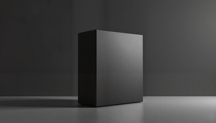 Elegant matte black 3D retail box mockup on reflective surface, premium quality