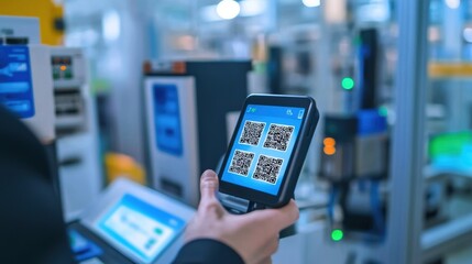 A closeup of a handheld device used for scanning QR codes on equipment designed to pull up realtime analytics and health status of the machines instantly.