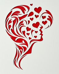 Naklejka premium Stylized silhouette of a woman's profile filled with swirling hearts and floral designs in red.